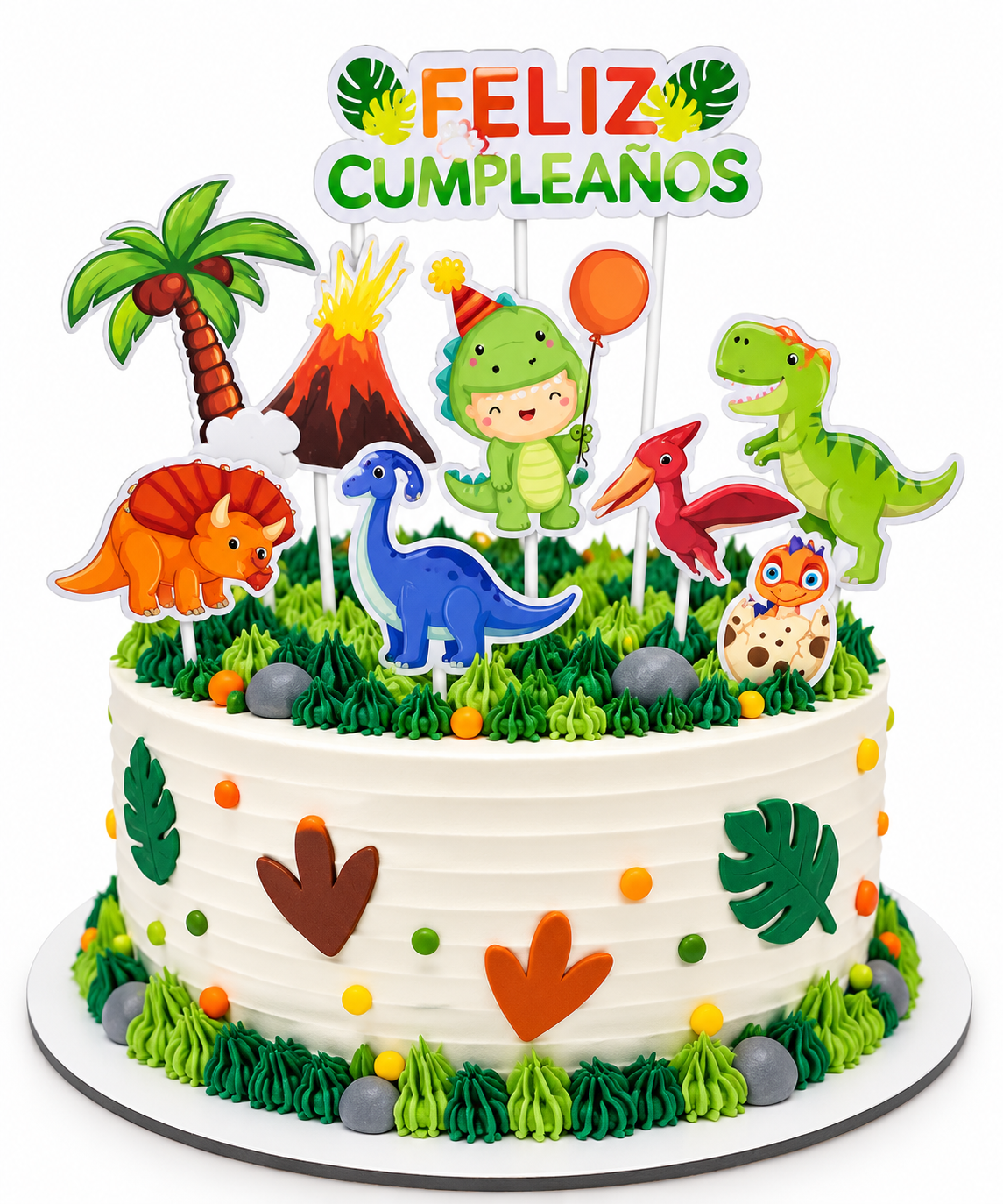 Set Adornos Topper Para Torta Dinosaurios Y Feliz Cumpleaños