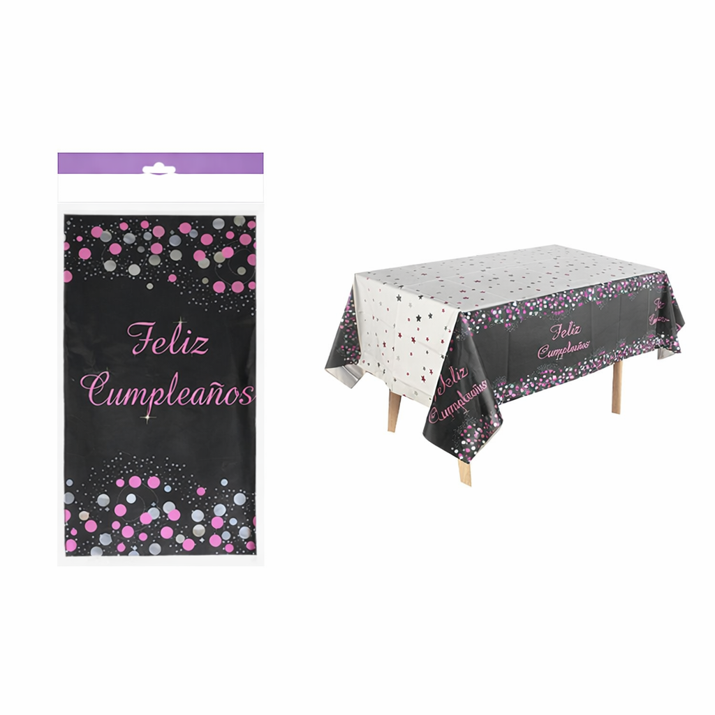 Mantel Feliz Cumpleaños Negro Fucsia Fiesta Cotillón