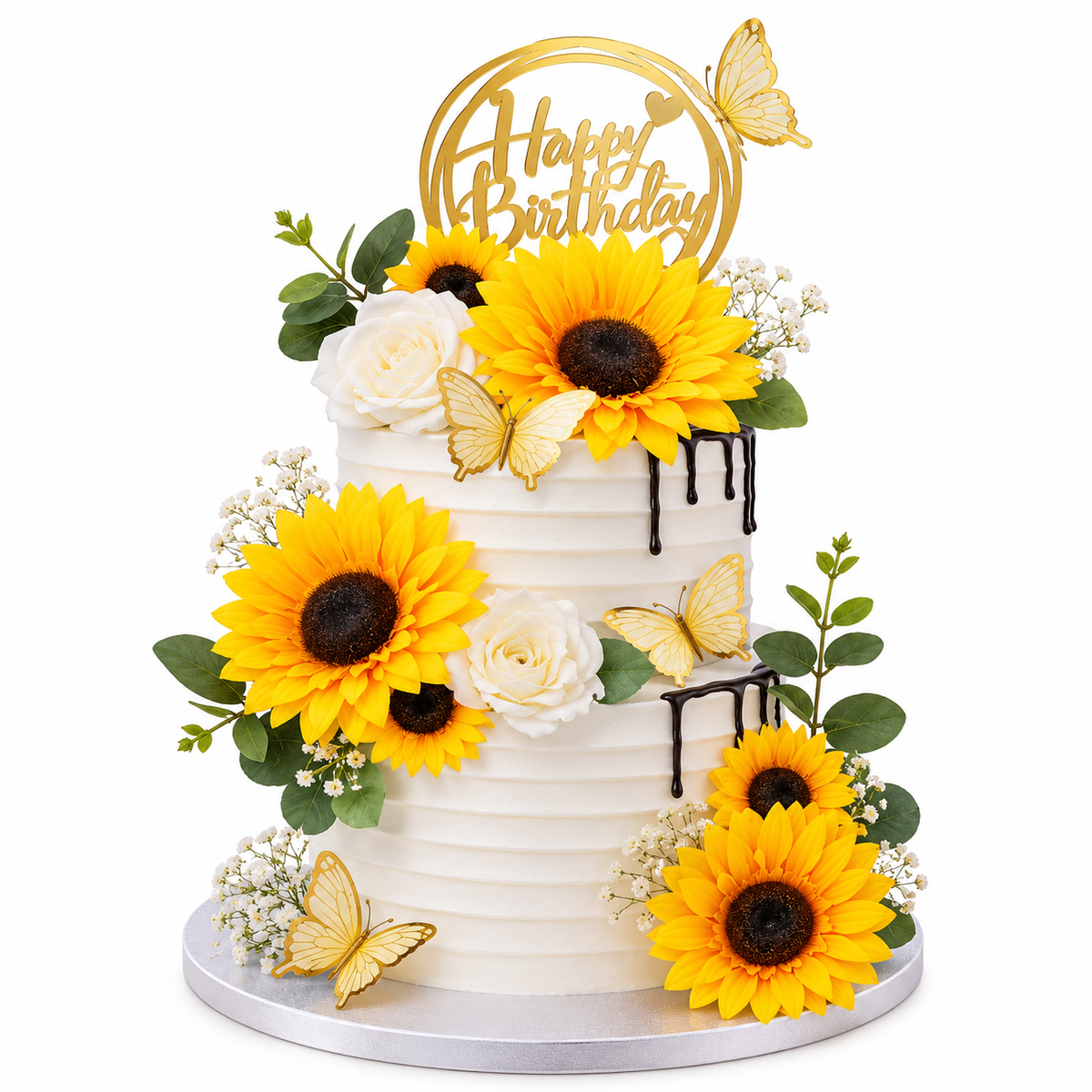 Decoración Torta Topper Girasoles Mariposas Happy Birthday