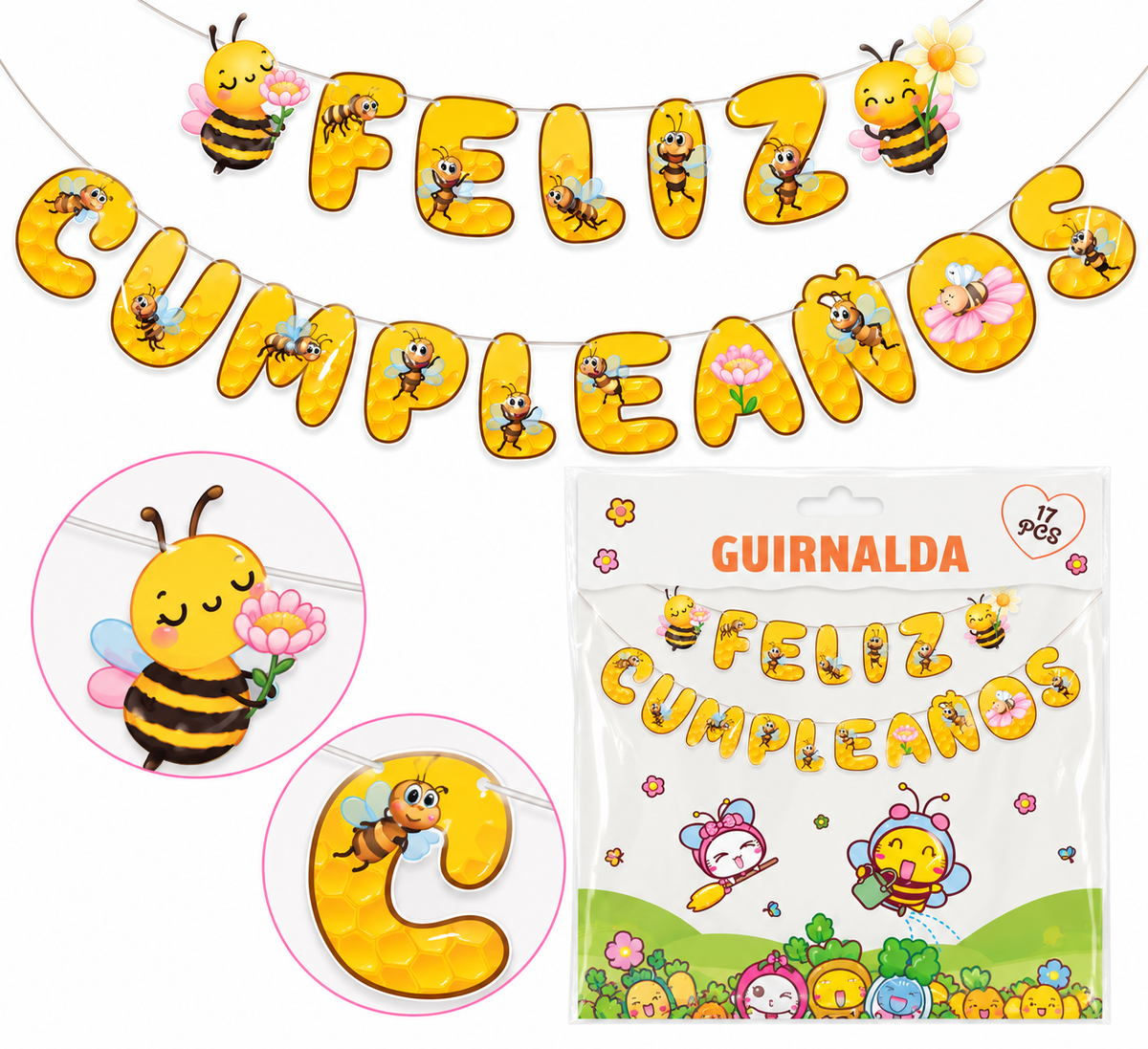 Guirnalda Feliz Cumpleaños Abejitas Cotillón