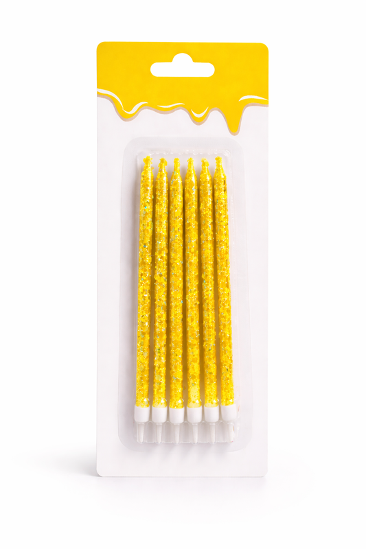 6 Unidades Velas De Cumpleaños Largas Amarillo Con Glitter 12 cm