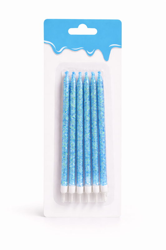 6 Unidades Velas De Cumpleaños Largas Celeste Con Glitter 12cm