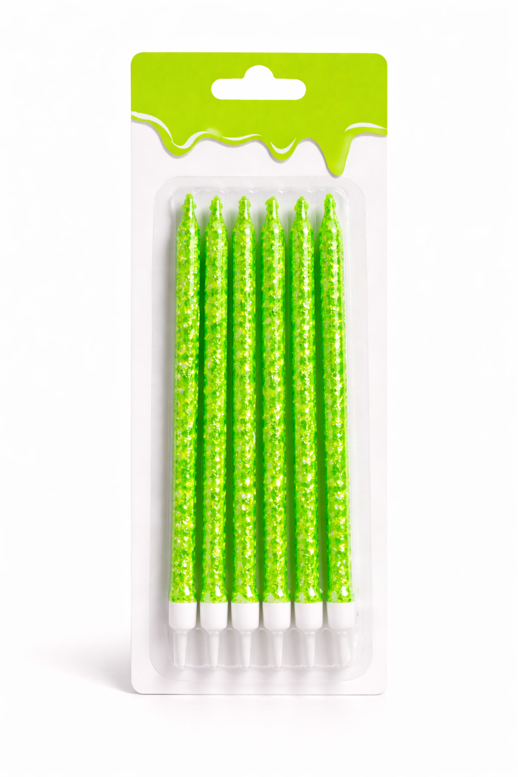 6 Unidades Velas De Cumpleaños Largas Verdes Con Glitter 12cm