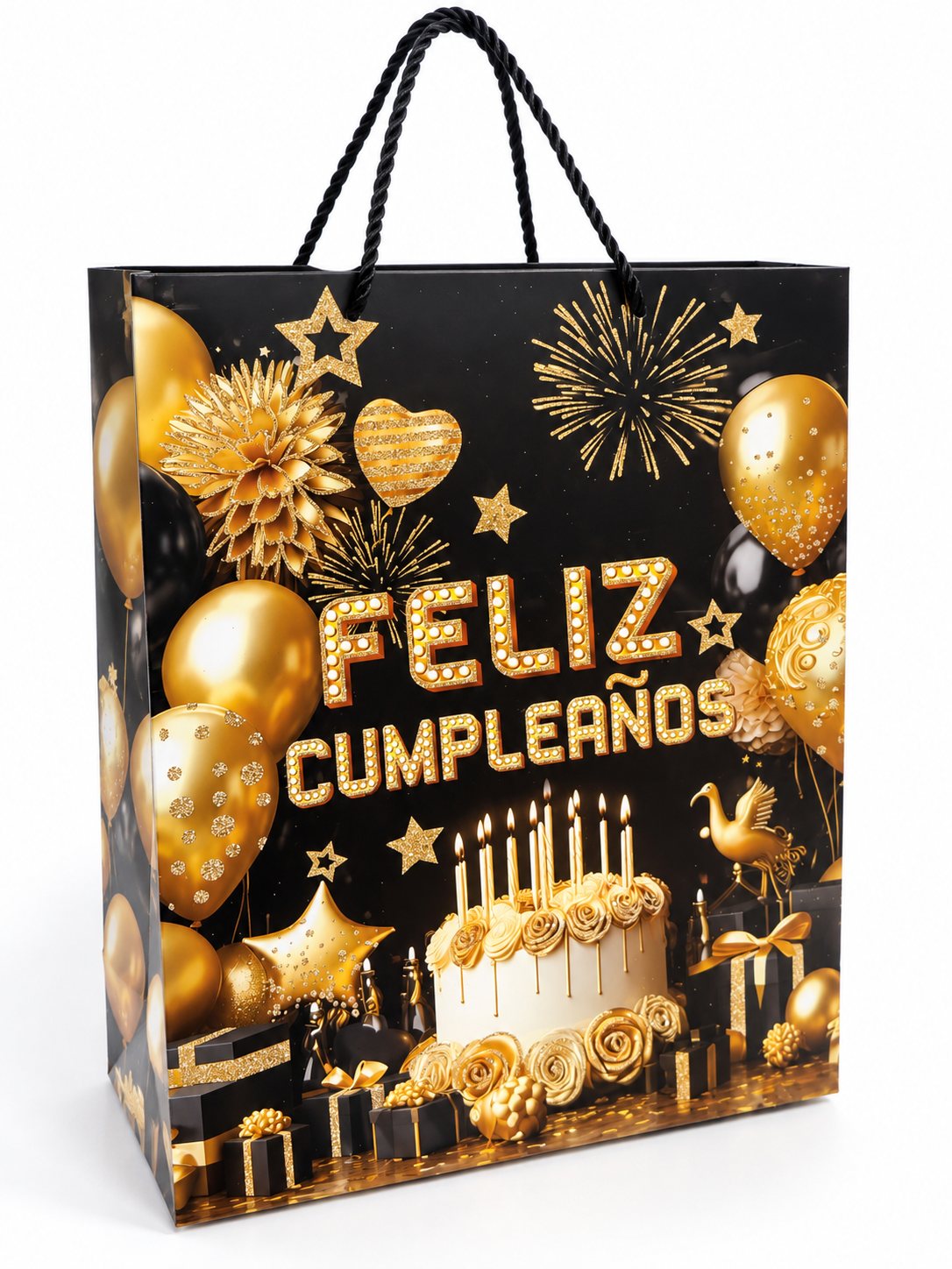 Bolsa De Regalo Feliz Cumpleaños Negra Y Dorada Negro/dorado Cumpleaños