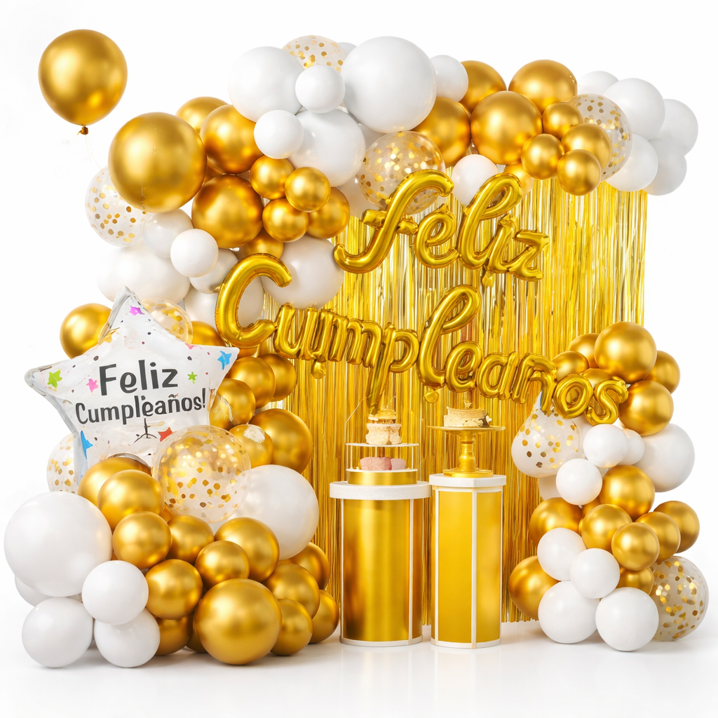 Decoración Cumpleaños Candy Bar Globos Dorados Y Blancos