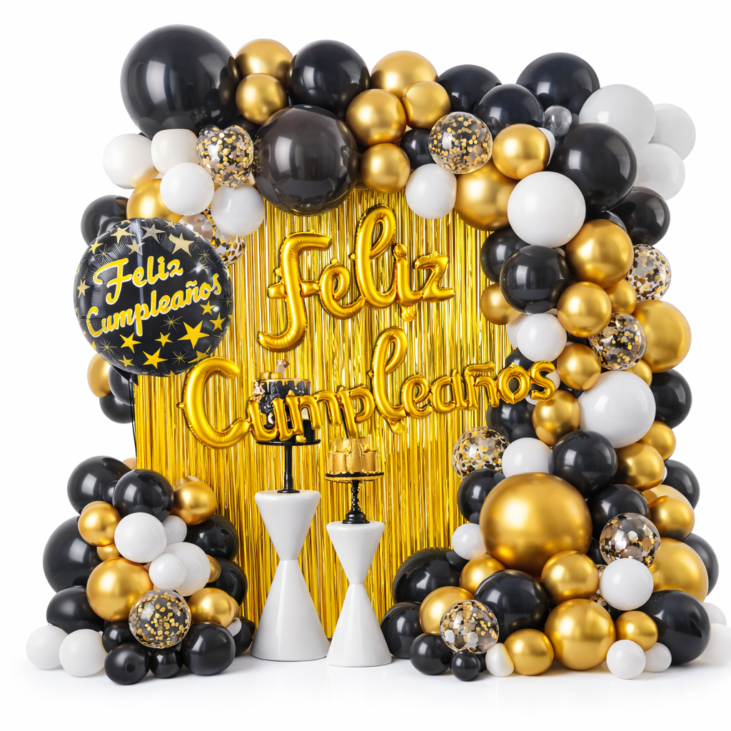 Set De Globos Arco Decoración Negro Dorado Y Amarillo Dorado