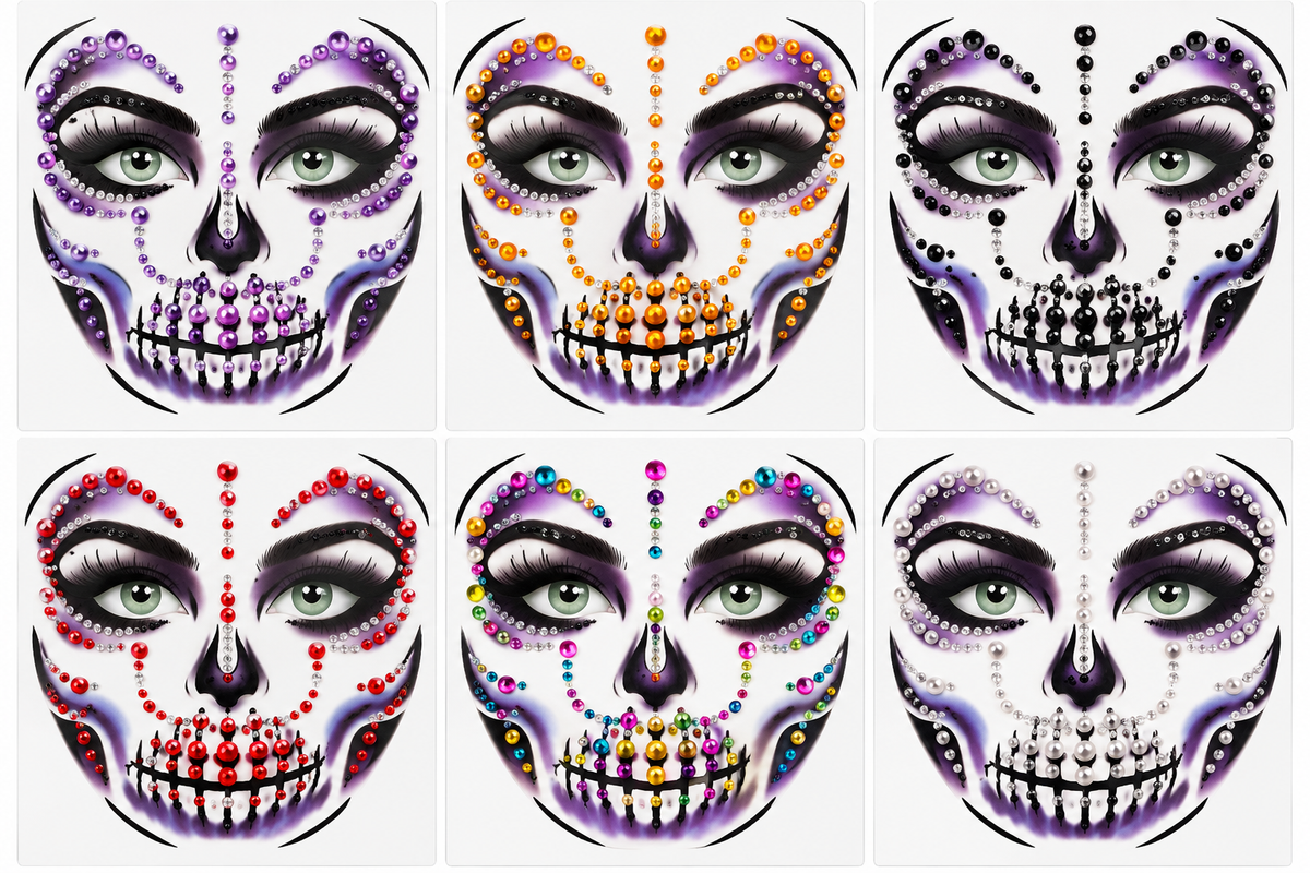 Brillos Faciales Halloween Calavera Pedrería Autoadhesiva