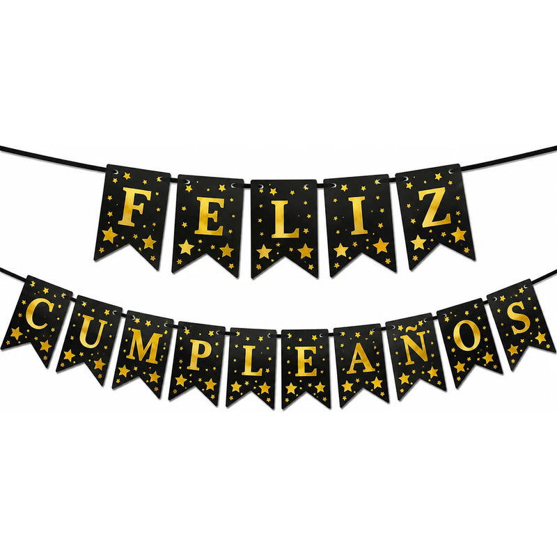 Guirnalda Feliz Cumpleaños Con Letras Doradas Y Estrellas Negro