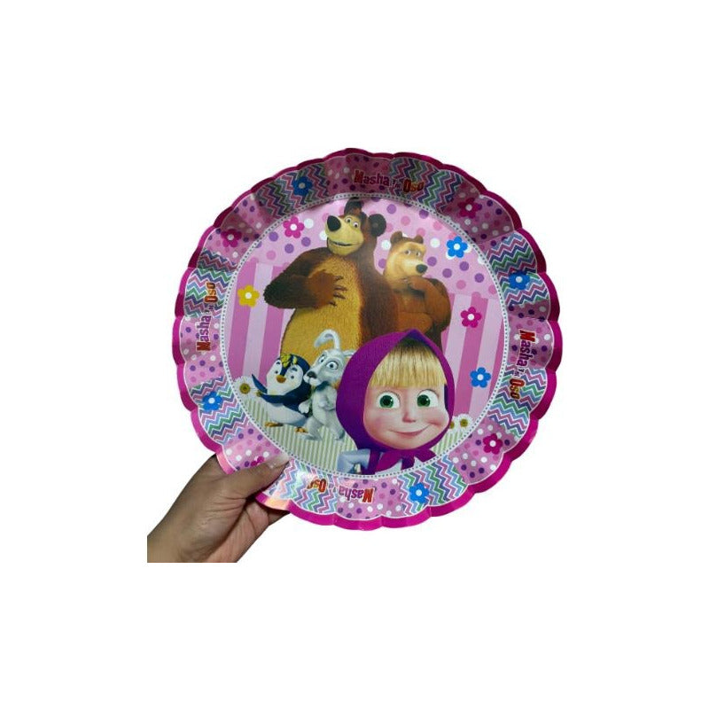Pack 4 Bandejas Cumpleaños Masha Y El Oso ( Cartón 32 Cm ) Rosa
