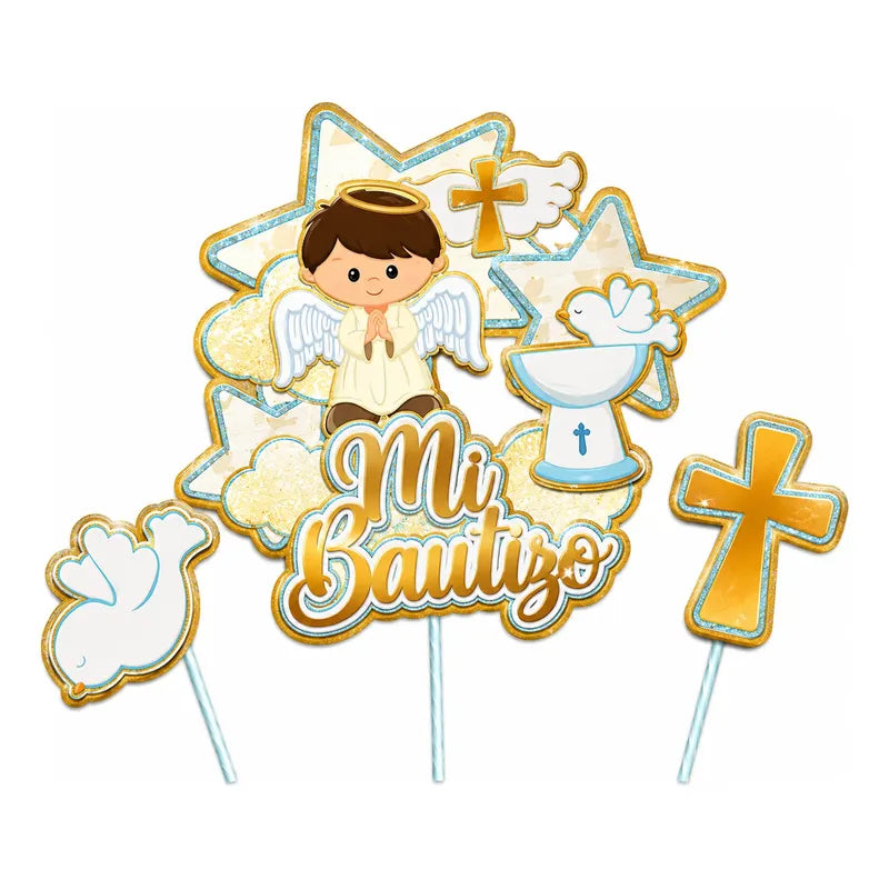 Topper Para Torta Mi Bautizo Niño Set Decoración Angelito Dorado