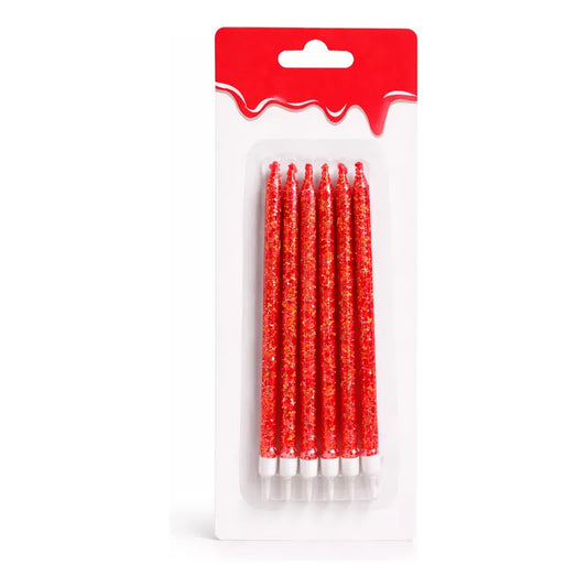 6 Unidades Velas De Cumpleaños Largas Rojo Con Glitter 12cm