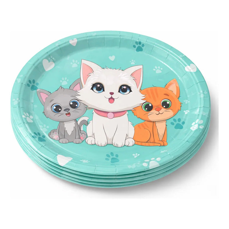 6 Platos De Cartón Gatitos Kawaii Fiesta Cumpleaños Turquesa