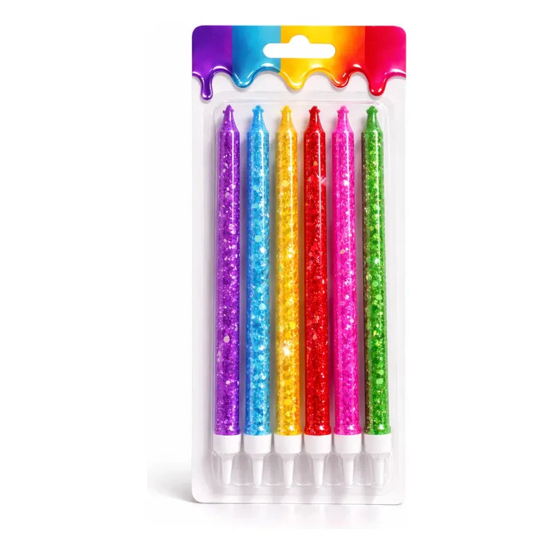 6 Unidades Velas De Cumpleaños Largas Colores Con Glitter