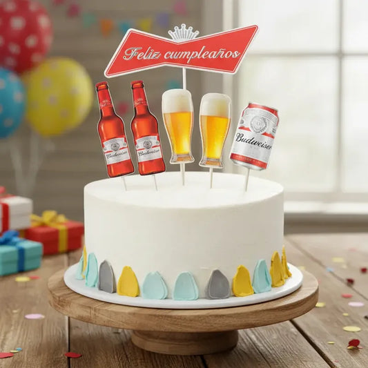 Topper Para Torta Feliz Cumpleaños Budweiser Cerveza Rojo