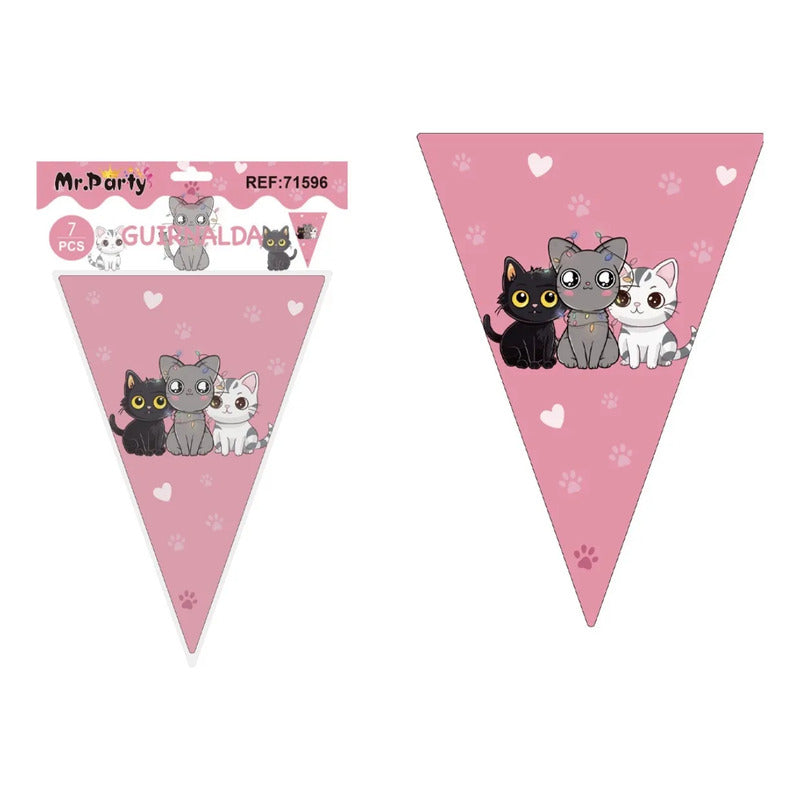 Guirnalda Banderines Gatitos Decoración Fiesta 7 Piezas Rosado