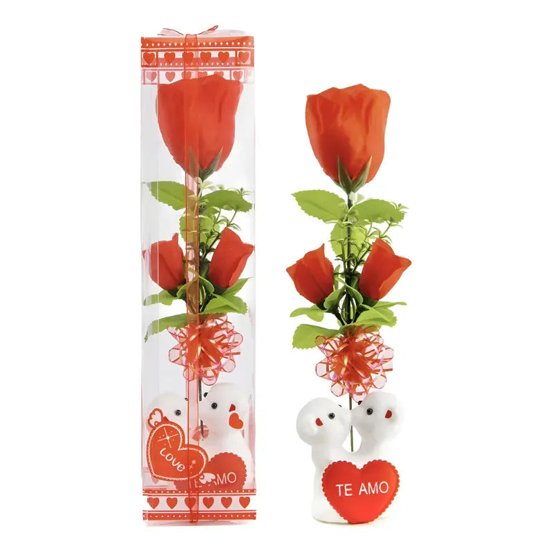 Caja Regalo San Valentin 2 Osos + 3 Rosas Dia Del Amor Rojo