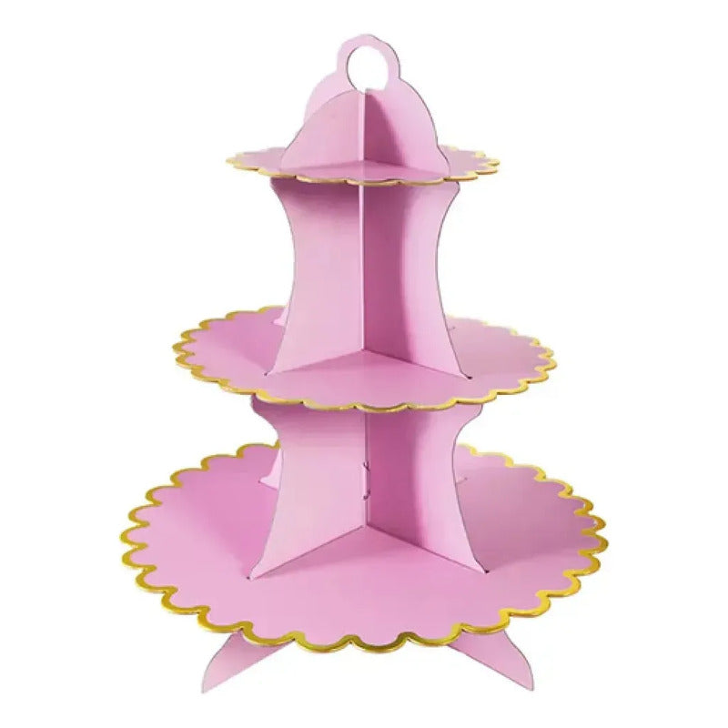 Bandeja Porta Cupcakes Cumpleaños Diseños Globifiesta Color Rosado Bordes Dorado