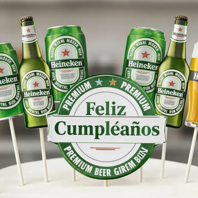 Set Toppers Heineken Para Torta Cumpleaños Deportes Verde