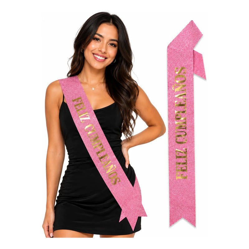 Banda Feliz Cumpleaños Con Glitter Para Fiesta Rosa