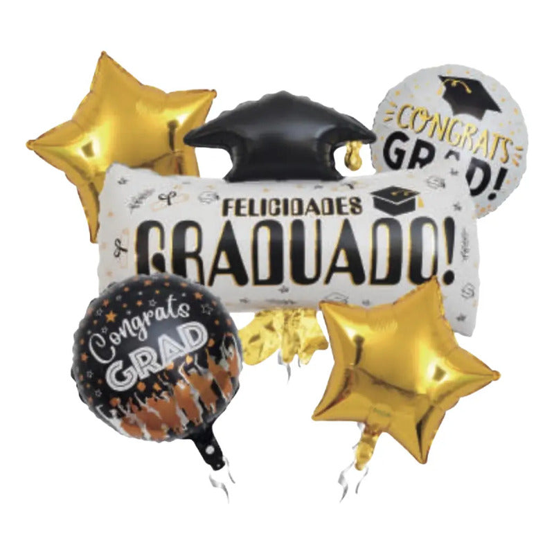 Set Globos Metalizado Mylar Graduación Felicidades 5 Psc Negro