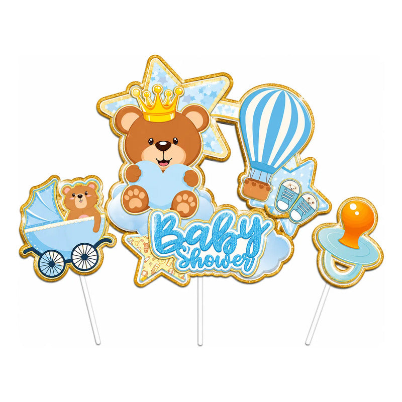 Set Toppers Para Torta Baby Shower Niño Osito Azul Celeste