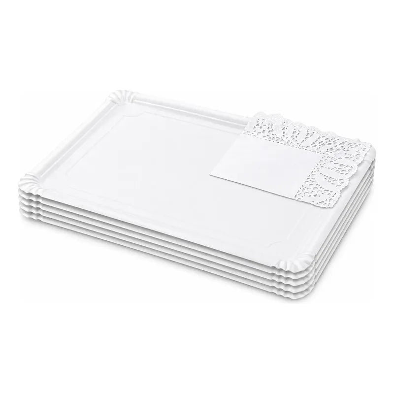 5 Bandejas De Cartón Rectangular + Blonda Para Cóctel 42 Cm Blanco