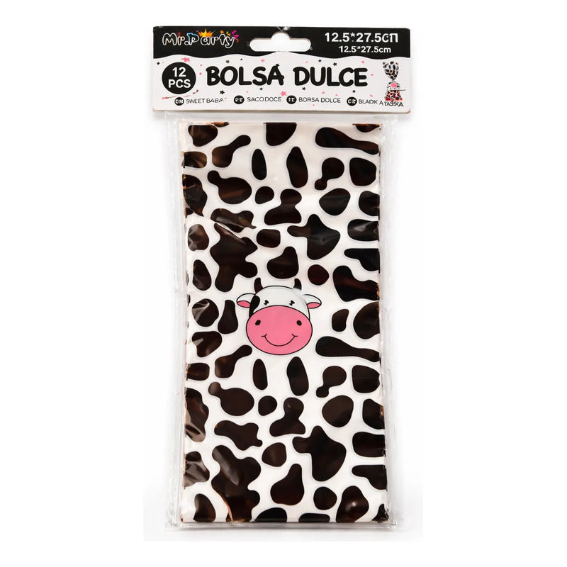 12 Bolsas Dulceras Cumpleaños Modelo Vaca Manchas Blanco