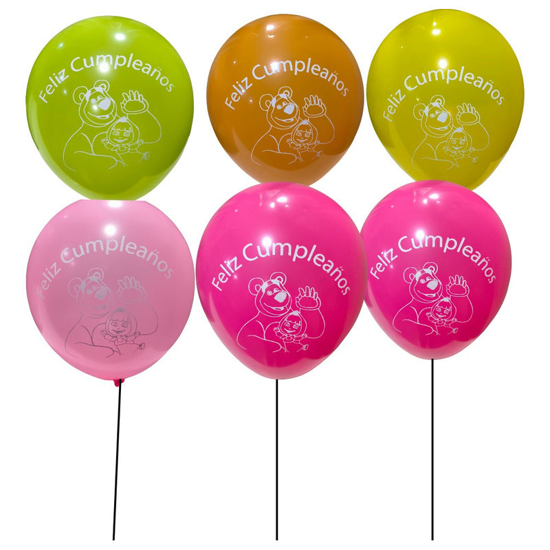Pack 12 Globos Latex Masha Y El Oso Fucsia Estrellas