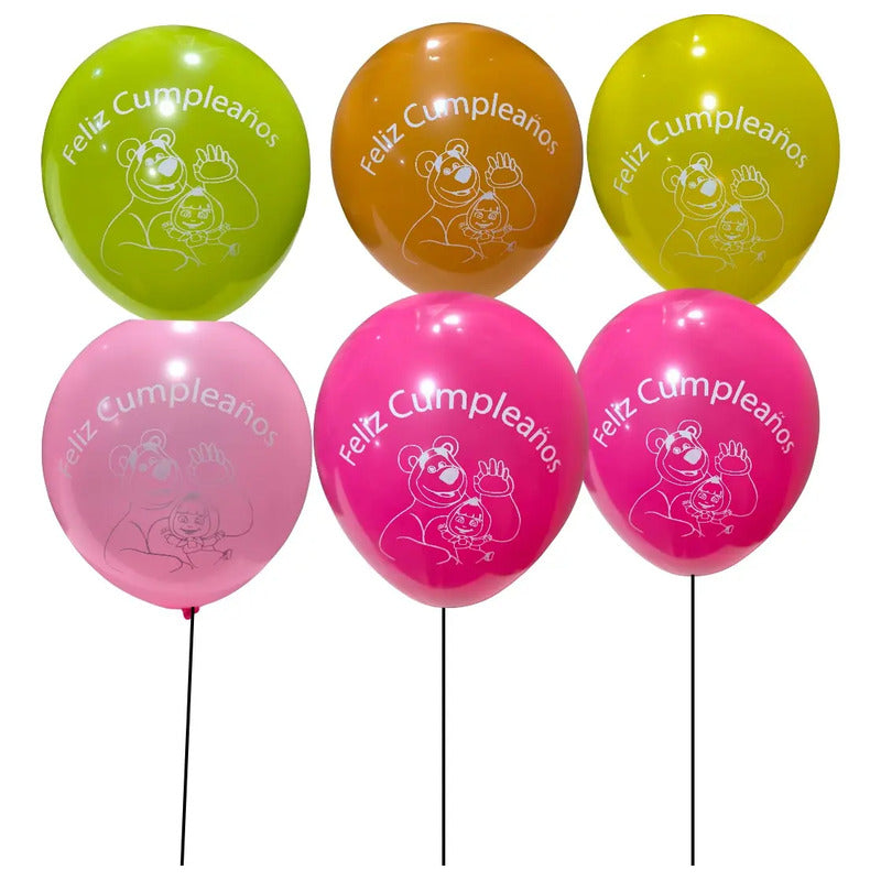 Pack 12 Globos Latex Masha Y El Oso Fucsia