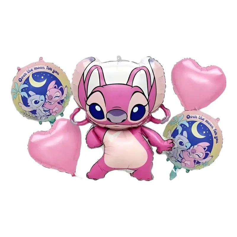 Set De Globos Decoración Stitch Y Angel 5 Unidades Rosa