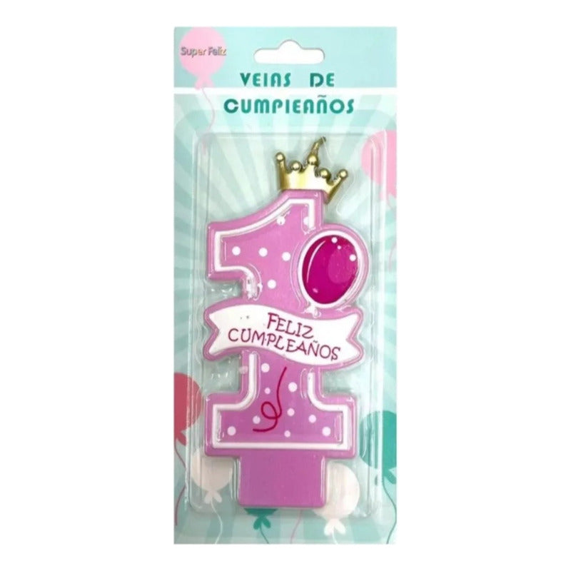 Vela De Cumpleaños 1 Añito Rosada Cotillón 12 Cm