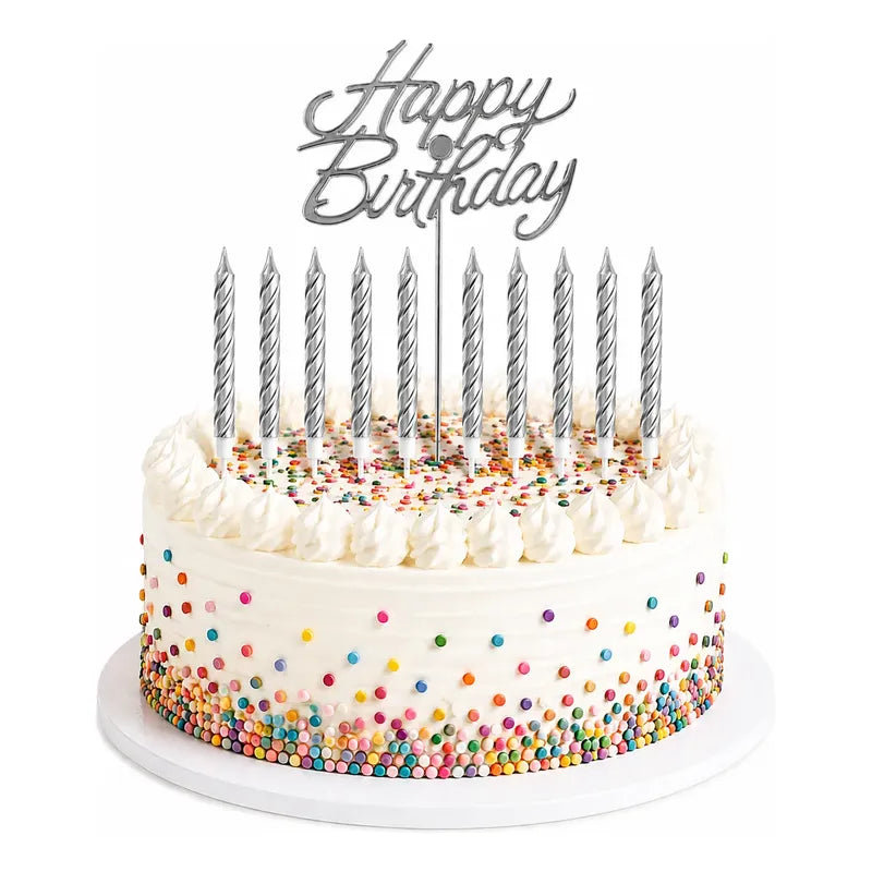 Set Topper Happy Birthday + 10 Velas Para Torta Decoración Plateado