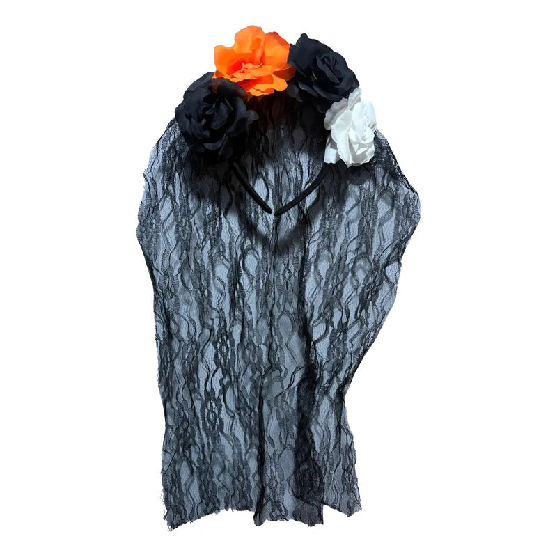 Cintillo Velo Catrina Halloween Cotillon Negro
