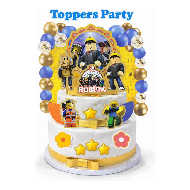 Set Decoración Torta Roblox Toppers Y Globos Cumpleaños Amarillo