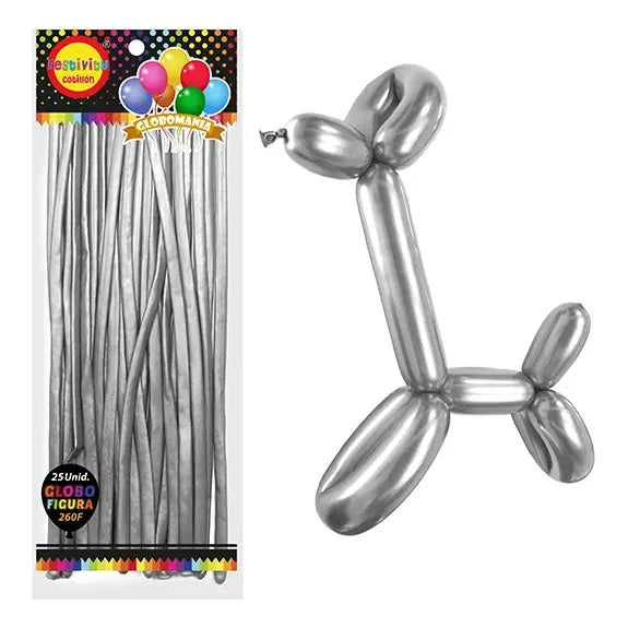 25 Globos Largos Metalizados Para Globoflexia Cotillón Plateado