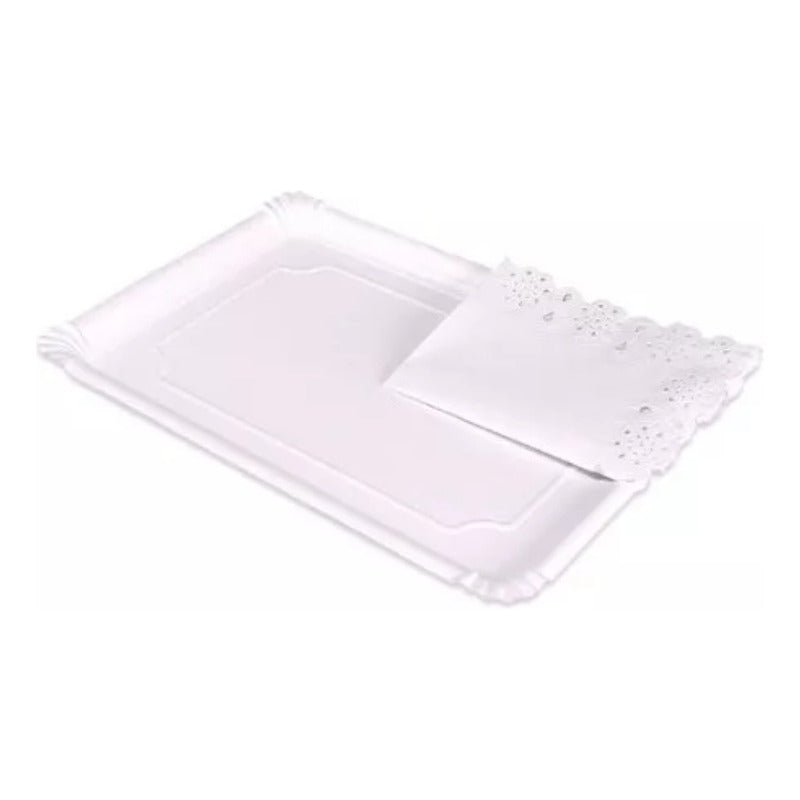 10 Bandejas De Cartón Con Blonda Rectangular N°14 42 Cm