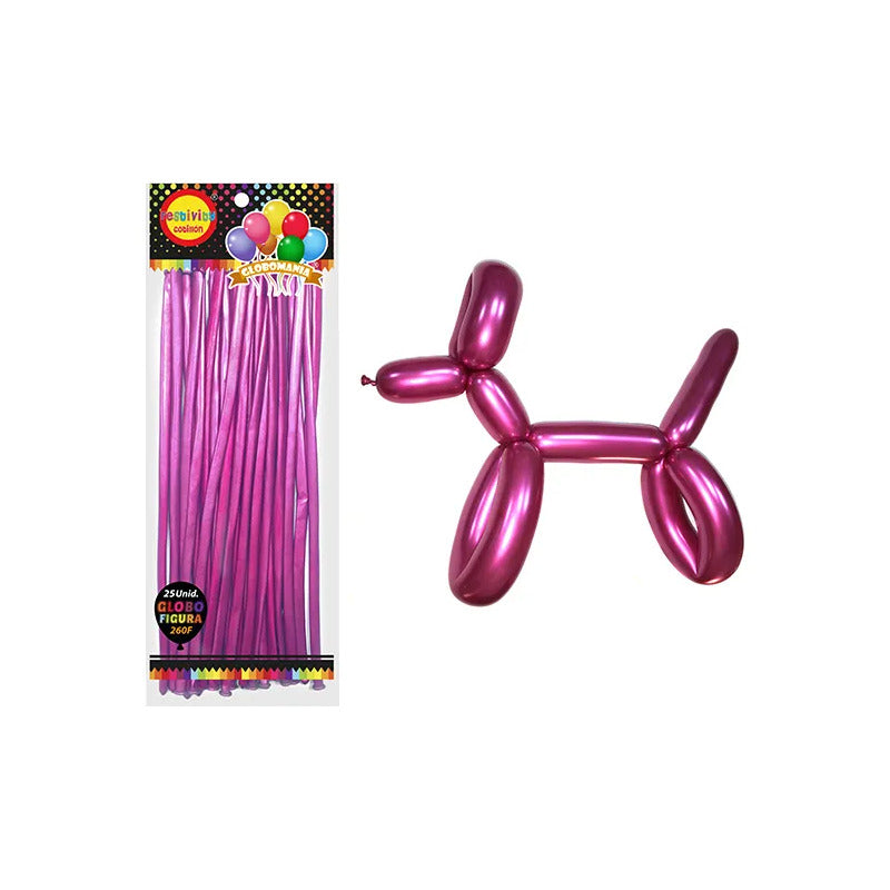 25 Globos Largos Metalizados Para Globoflexia Cotillón Fucsia