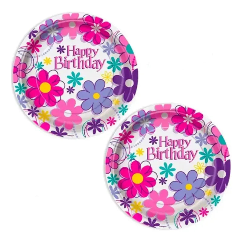 6 Platos Desechables Flores Feliz Cumpleaños Rosa Chicle