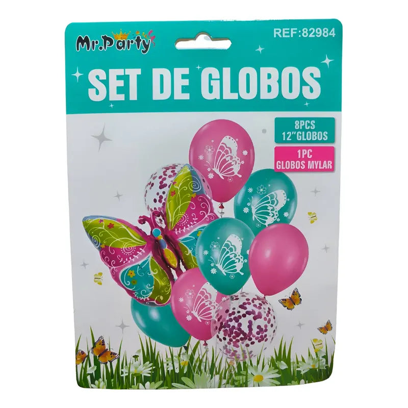 Set De 9 Globos Mariposas Metalizado Y Látex Variado
