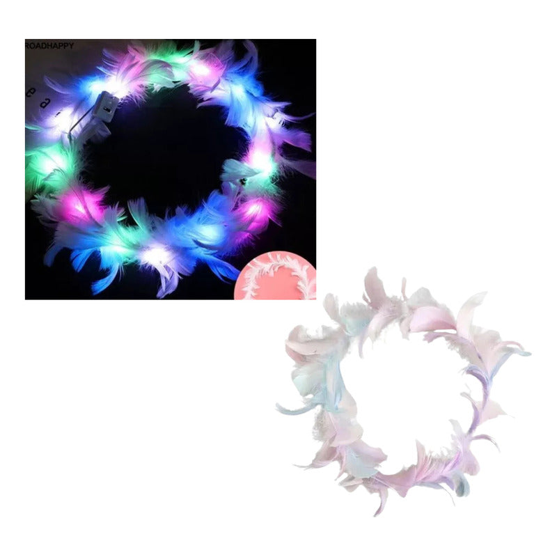 Cotillón Año Nuevo Pack 3 Cintillo Corona Plumas Luces Led Pasteles