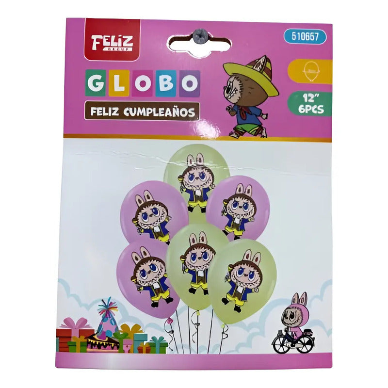 Pack 6 Globos Látex Cumpleaños Labubu Cotillón Surtido