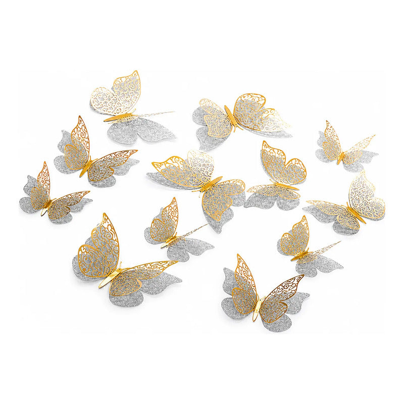 Set 12 Deco Mariposas Decorativas 3d Adhesivas Plateado