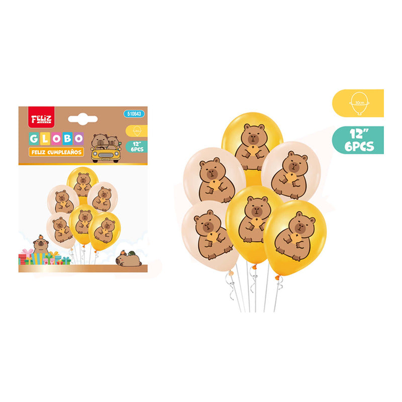 Set 6 Globos Látex Capibara Capybara Cumpleaños Marrón