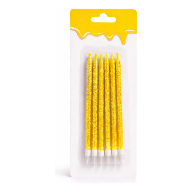 6 Unidades Velas De Cumpleaños Largas Amarillo Con Glitter
