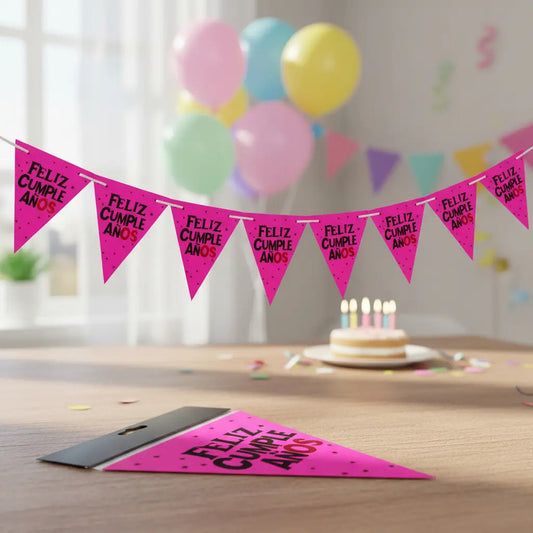 Guirnalda Banderín Feliz Cumpleaños Fluor Fiesta Fucsia