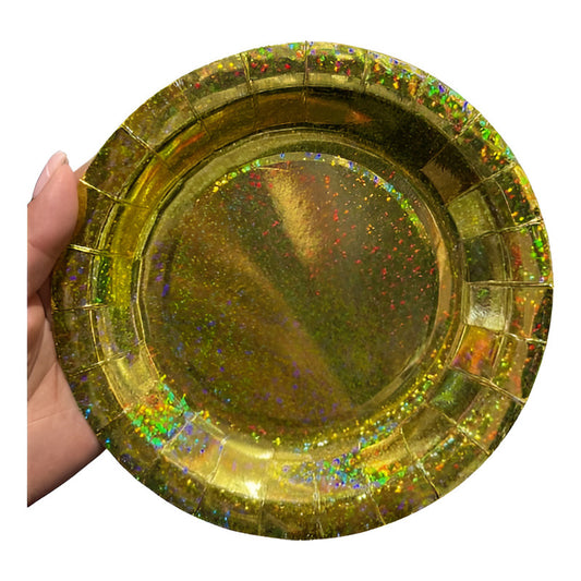 Pack 50 Platos Poli Papel Carton Holograficos Dorados