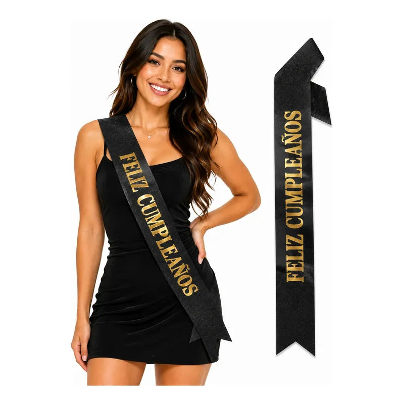Banda Feliz Cumpleaños Con Glitter Para Fiesta Negro