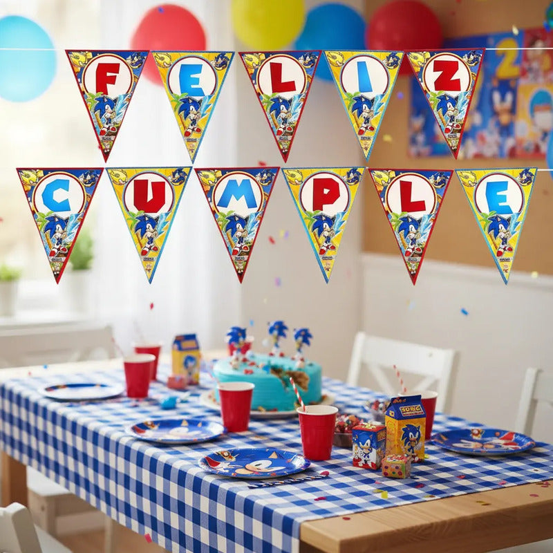 Guirnalda Banderines Feliz Cumpleaños Sonic Fiesta Azul
