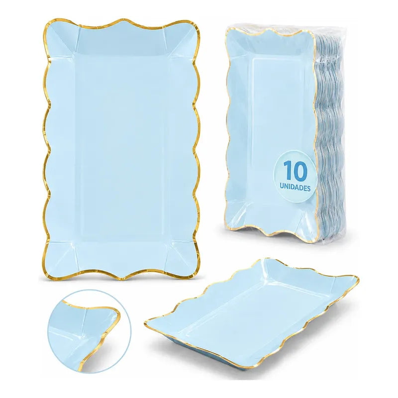 Pack 10 Bandejas Cartón Rectangulares Fiesta Cotillón Celeste