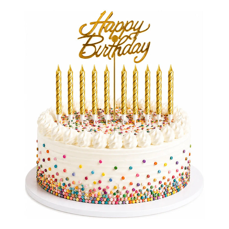 Set Topper Happy Birthday + 10 Velas Para Torta Decoración Dorado
